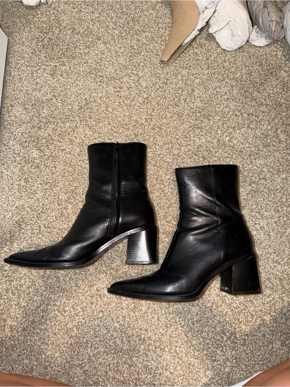 Zara Black Leather Block Heel Ankle Boots